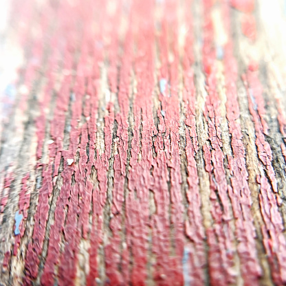 wooden surface with old cracked red paint with selective focus