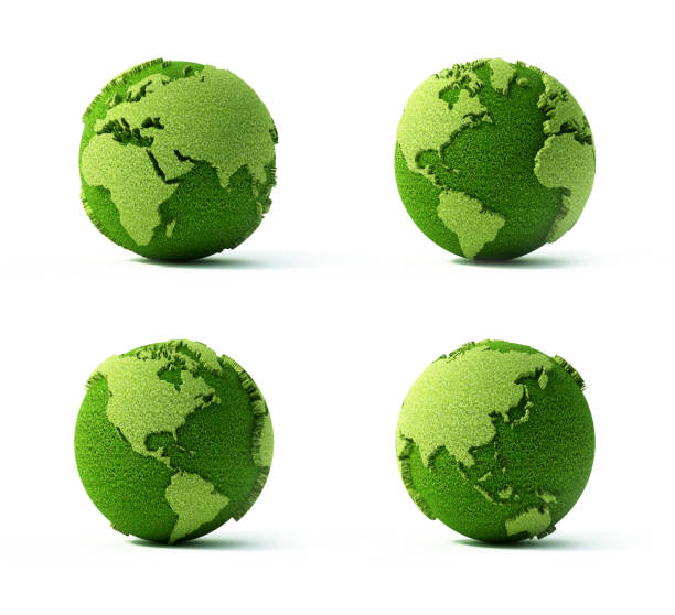 Various Views of a Green Grass-Covered Earth Globe on a White Background