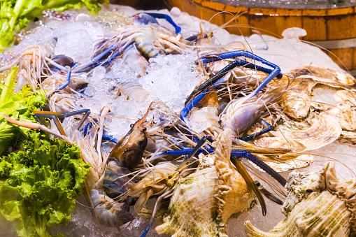Fresh big thai prawns at market stall and restaurant on night market Danneramit at Phahonyothin Road in Bangkok Chatuchak