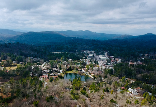 Aerial view of Highlands, with the downtown area and surrounding forest