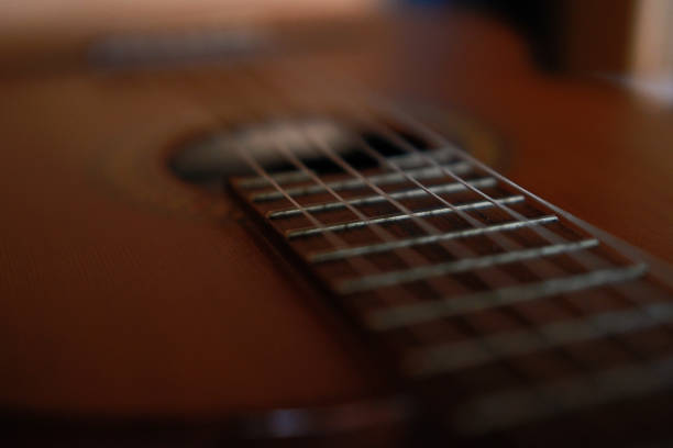 Bokeh copy space, classical guitar detail, soft light, beautiful color, close up detail. Music concept