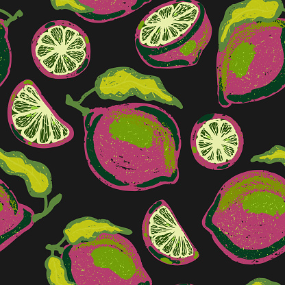 Texture lemons, limes, citrus fruits. Tropical exotic pattern. Cartoon style. Hand drawn elements. Vector seamless overlapping pattern.