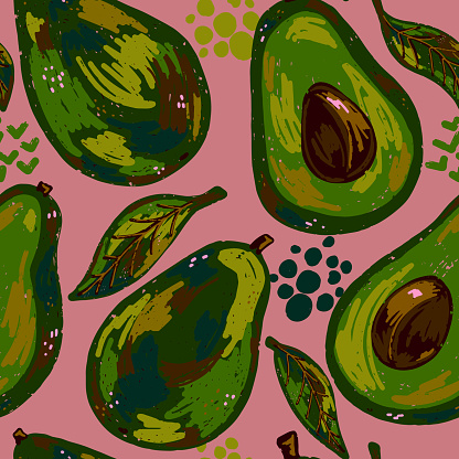 Textured avocados. Tropical exotic pattern. Cartoon style. Hand drawn elements. Vector seamless overlapping pattern.