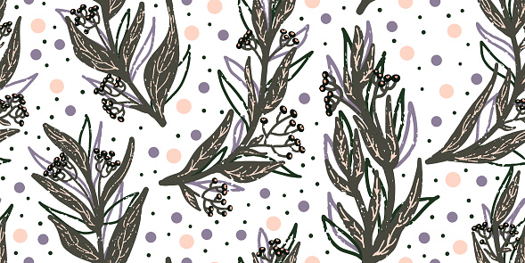 Texture plants, herbs, twigs with leaves. Plant organic pattern. Cartoon style. Hand drawn elements. Vector seamless overlapping pattern.