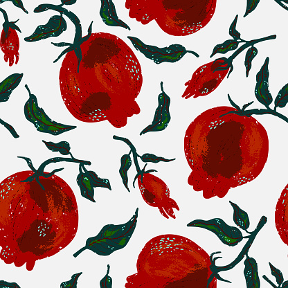 Pomegranates with leaves. Texture fruits. Plant organic pattern. Cartoon style. Hand drawn elements. Vector seamless overlapping pattern.