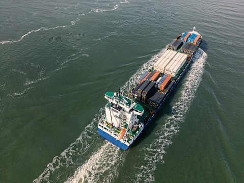 Rotterdam harbor drone shot, container ship