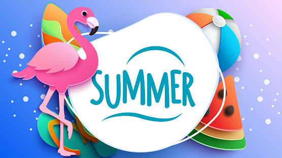 A summer beach scene with a flamingo, watermelon slice, beach ball, and seashells in paper cut style. Vector Illustration