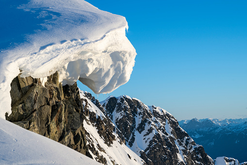 Snow cornice on mountain peak, Tantalus Ranges
