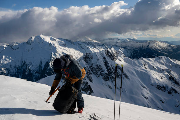 istock Backcountry prepares to ski down mountain 2150396592