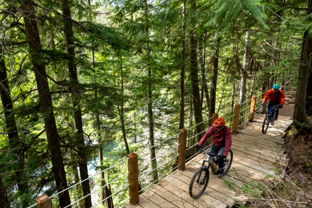 Senior men ride across bridge in forest