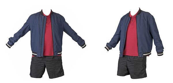 two men's dark blue bomber jacket, dark red shirt and black sports shorts isolated on white background. fashionable casual wear