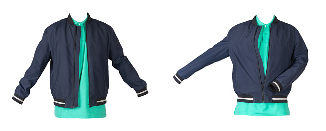 two dark blue men's bomber jacket and  green  shirt isolated on white background. fashionable casual wear