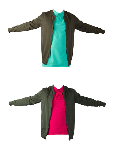 two dark green men's knitten bomber jacket and shirt isolated on white background. fashionable casual wear