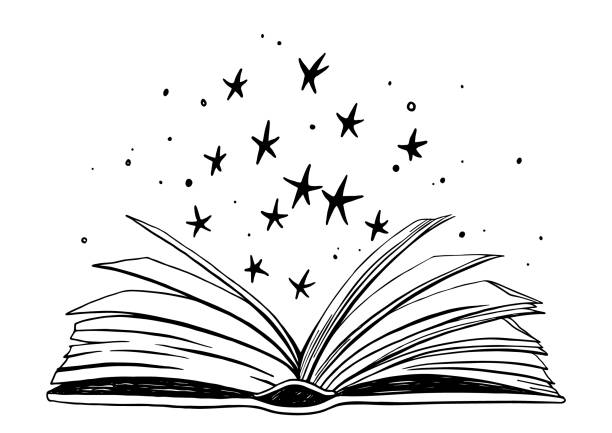 сияющая волшебная книга. раскрытая бумажная книга светится и сверкает. - книга stock illustrations