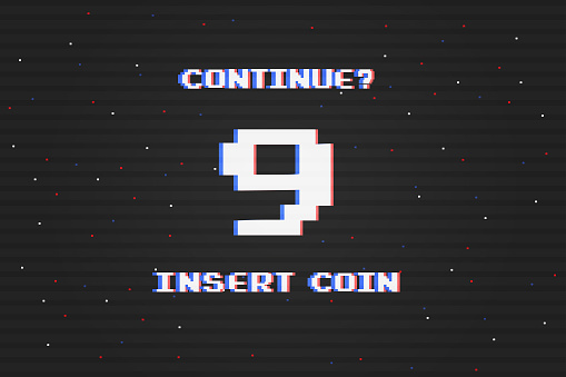 Insert coins to continue playing.countdown to continue After the game over screen, retro 8 bit style.pixel art.