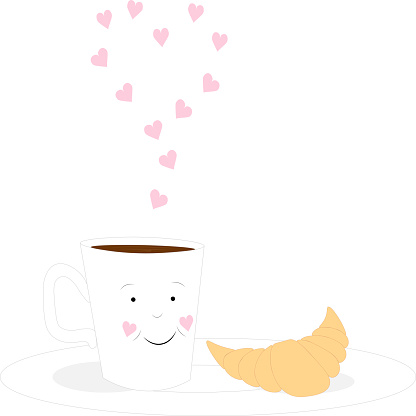 Pink hearts, a smiling cheerful cup of coffee and a croissant