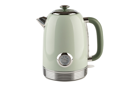 Close-up of green electric kettle with thermometer without cord. Copy space.