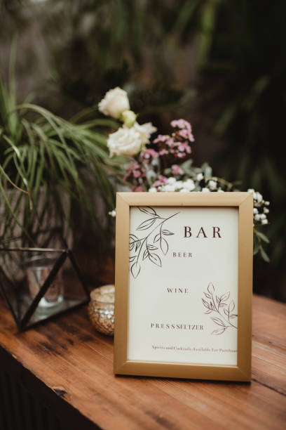 istock Bar top sign with menu of beer, wine and press seltzer at wedding reception 2150401430