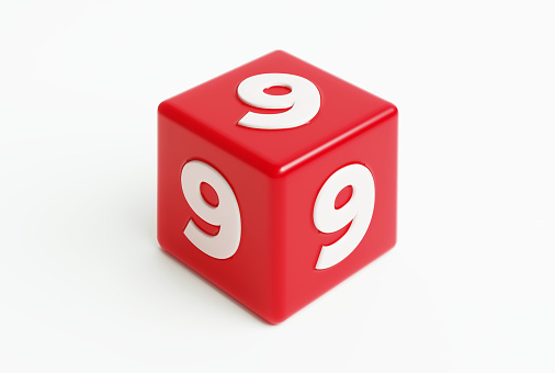 Red cube with extruded number nines on white background. Horizontal composition.