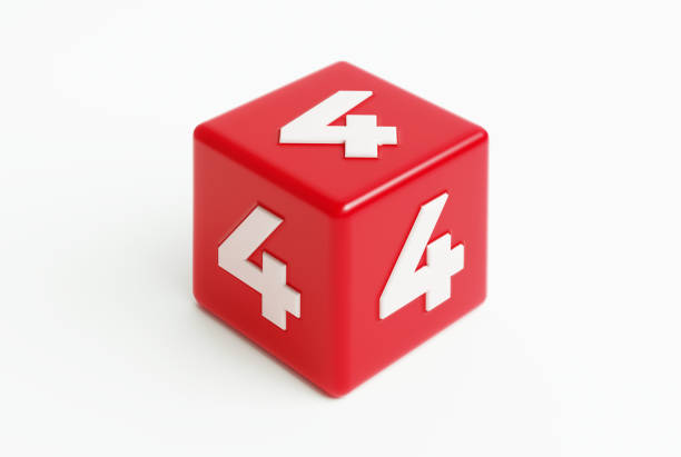 Red cube with extruded number fours on white background. Horizontal composition.