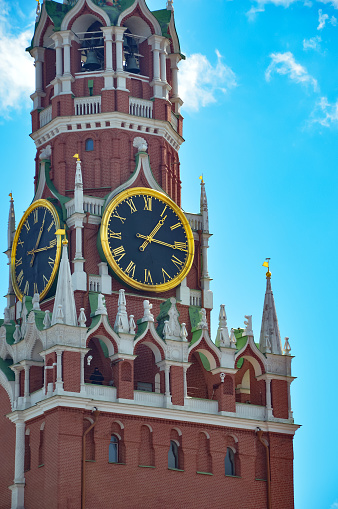Moscow, Russia, April 20, 2024: the historic Spasskaya Tower of the Kremlin, the beautiful capital of the Russian Federation, Red Square. a big clock. The architecture of the country. background for the design.