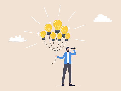 Innovative ideas, creativity and business plan development, suggestions and invention concepts. A visionary businessman holds a light bulb balloon and binoculars, symbolizing inspiration and wisdom.