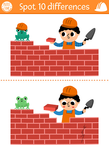 Find differences game for children. Construction site educational activity with boy building brick wall. Cute puzzle for kids with funny worker. Printable worksheet or page for logic and attention skills