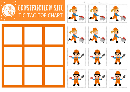 Vector construction site tic tac toe chart with boy and girl workers. Building works board game playing field with cute character with wheelbarrow. Funny printable worksheet. Noughts and crosses grid