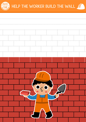Construction site drawing and writing practice activity with builder. Building works puzzle. Printable worksheet, game for kids with rectangle shape tracing grid. Help the worker build brick wall