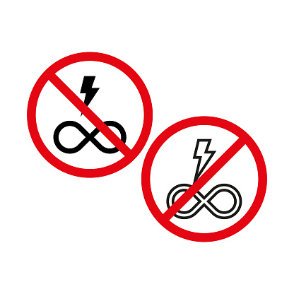 No endless energy symbols. Prohibition signs for infinity and electricity. Concept of limits and boundaries. Vector illustration. EPS 10. Stock image.