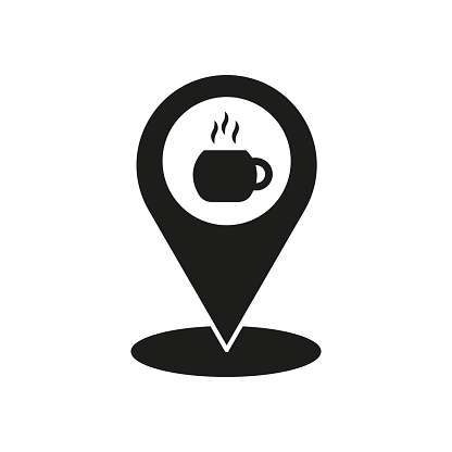 Coffee shop location pin. Hot beverage map marker. Vector cafÃ© GPS icon. EPS 10.