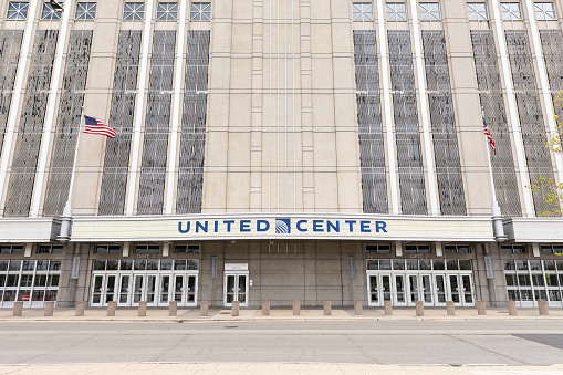 Chicago, IL, USA - April 25, 2024: The United Center, opened in 1994, is the largest indoor entertainment venue in Chicago and home to the Chicago Blackhawks and Bulls.