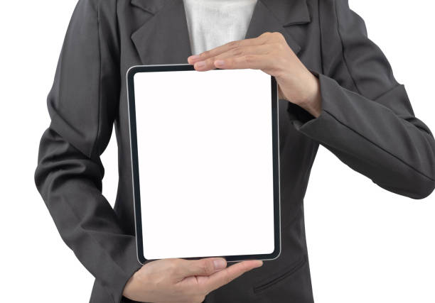 istock Woman's hand holding a laptop, showing the front 2150409662