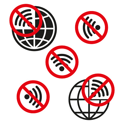 Vector set of network restriction symbols. No Wi-Fi, no global connection. Monochrome connectivity icons. EPS 10.