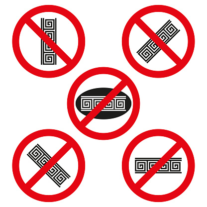Prohibited Greek key patterns. Vector no meander design signs. Forbidden classic elements. EPS 10.