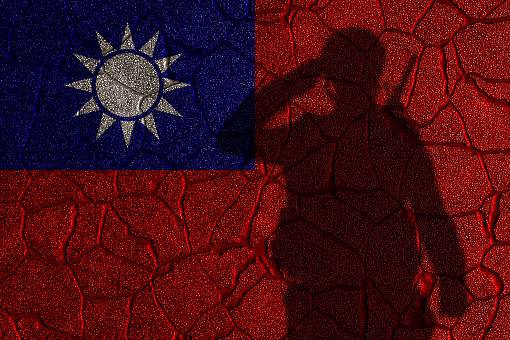 Taiwan flag painted on a cracked wall with saluting soldier shadow. 3d-rendering