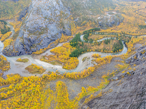 The vibrant beauty of autumn with a serpentine river winding through a colorful valley. The contrast between the vivid yellow foliage and the stark ruggedness of the surrounding mountains creates a stunning visual tapestry. The river's graceful curves add a dynamic element to the rugged landscape, illustrating the natural beauty and serenity of the season.
