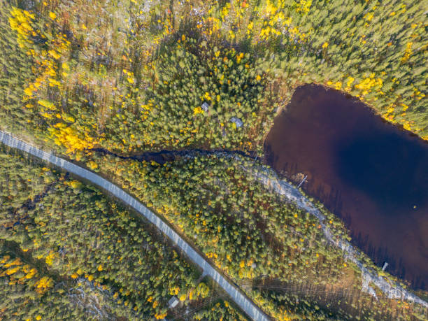 istock Overhead View of a Lake Surrounded by Forest and a Road Running Parallel 2150414234