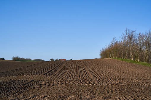 Idyllic shot of brown plowed agricultural landscape against clear blue sky during summer season