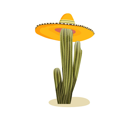 Tall succulent cactus with thorns in a wide-brimmed mexican sombrero hat isolated element. Vector illustration for icon, game, packaging, banner. Wild west, Mexico symbol concept.