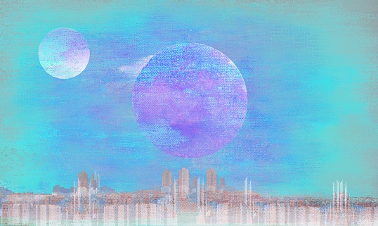 Fantastic horizontal background with a star disk over the city, made in the technique of painting