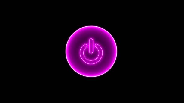 Purple neon Power Button icon on the black background. Electronic Power Button and Indicator Lights. Neon light power button turning on and off ,looping wallpaper on the black screen.