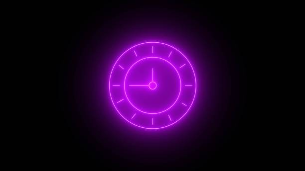 Glowing purple Neon clock icon. Clock icon ,clock isolated rotted 24 Hour Fast Speed.