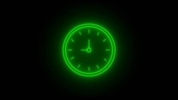 Abstract glowing neon analog clock on black background. Glowing green Neon clock icon. Clock icon ,clock isolated rotted 24 Hour Fast Speed. Clock, any time neon sign. Icon clock in flat style.