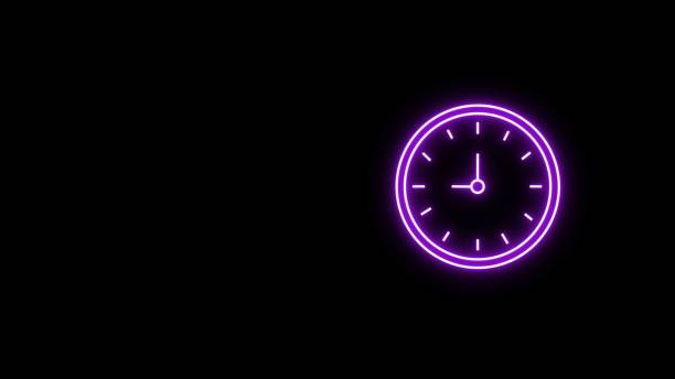istock Glowing Neon clock icon. Abstract glowing neon analog clock on black background. Digital stopwatch. Abstract bright neon clock black background. 2150424279