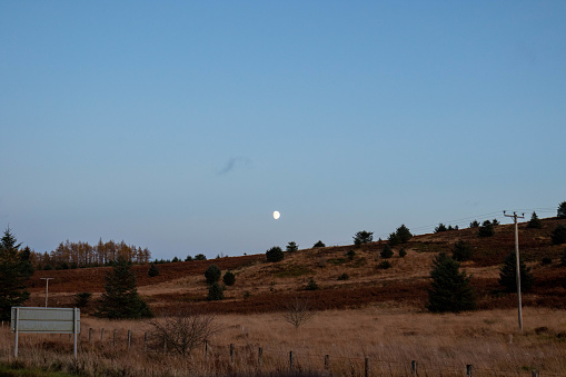 Moon at sunset above open grassland