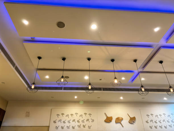 istock The ceiling is blue and has lights hanging from it 2150428202