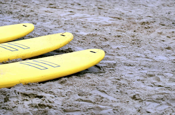 Three yellow surfboards at a beach in San Sebastian, Spain