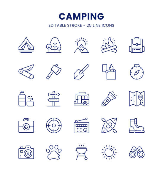 Camping Icon Set Camping Editable Stroke Line Icon Set. Pixel Perfect Vector Illustration. grill lighter stock illustrations
