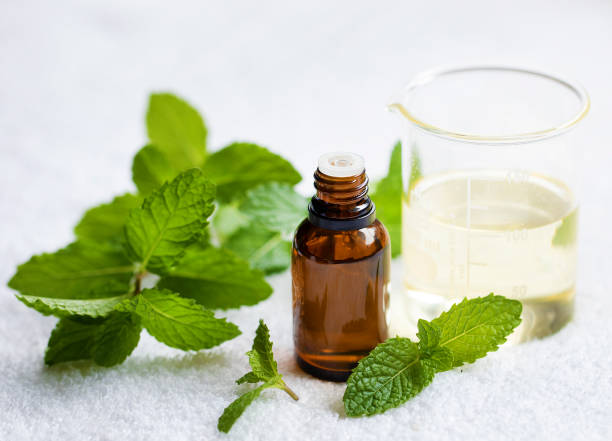 istock Peppermint Essential Aromatherapy oil on white background 2150429145